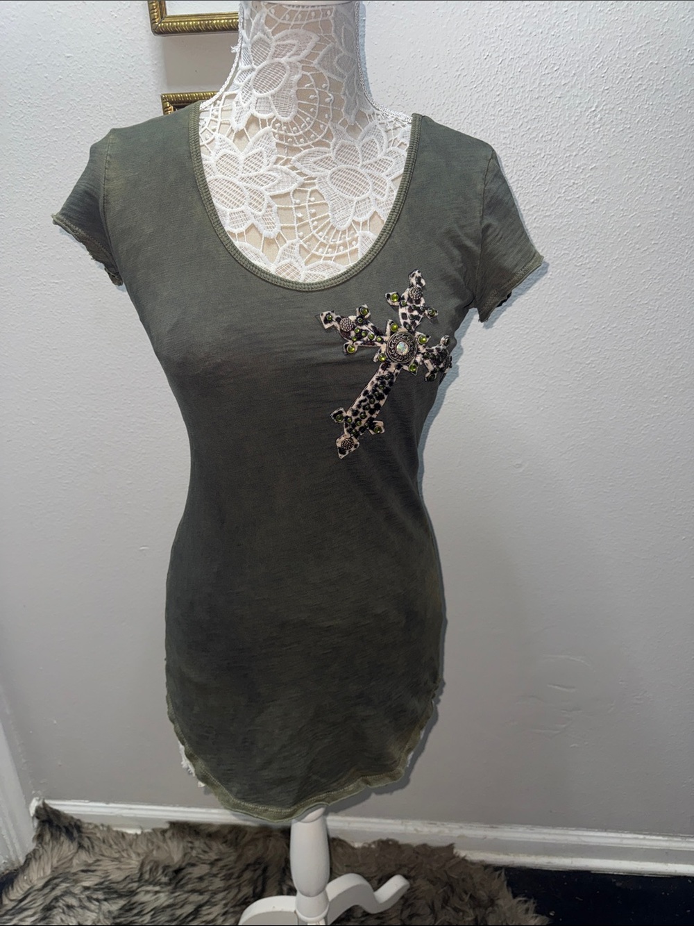 Velvet Stone Olive Green Short-Sleeve Jeweled Cross Camisole